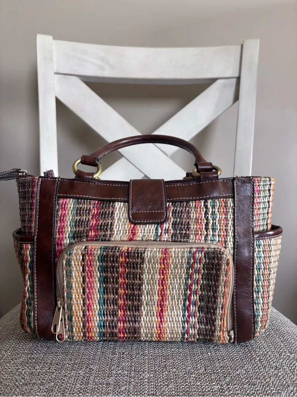 Multicolor Woven Satchel with Brown Leather Trim